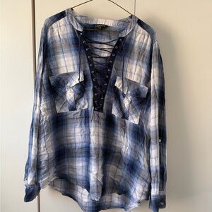 Express Navy and White Plaid Lace-Up Shirt